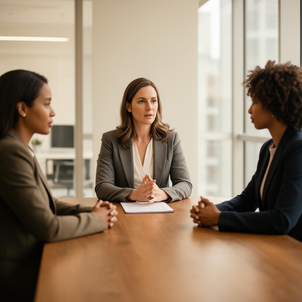 An impartial mediator facilitating a calm meeting between two parties